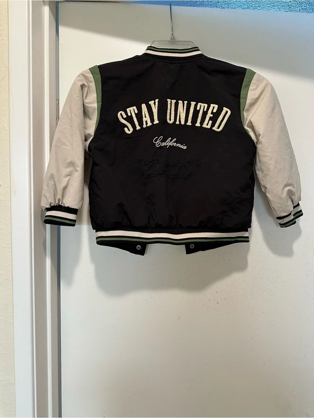 Zara Black, Cream & Green Kids Varsity Bomber Jacket with 'C' Patch Toddler 3-4Y